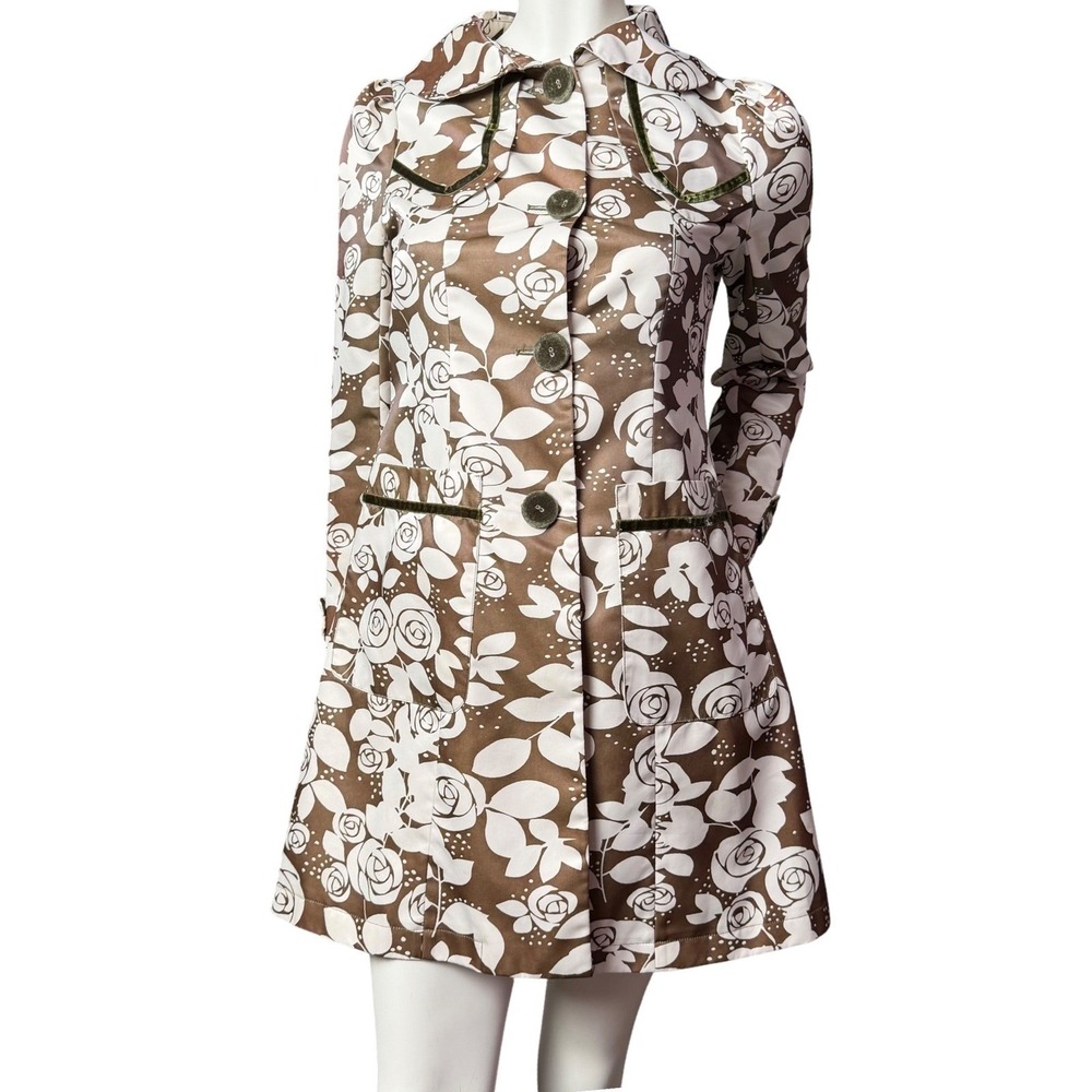 James Coviello Floral Trench Coat Velvet Trim Mod Retro Brown White Green Sz 38